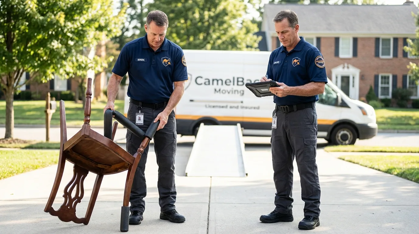Movers inspecting furniture for damage prevention before loading in Apalachin, NY